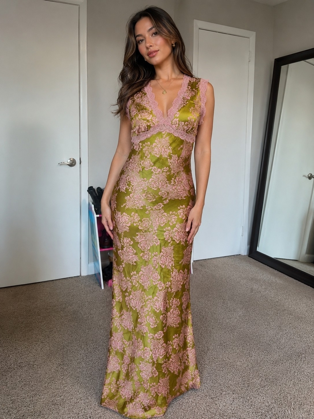 Sleeveless Olive Maxi Dress with Pink Lace Trim